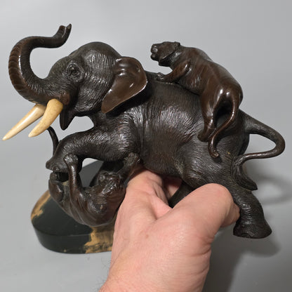 Antique Japanese Bronze Okimono Elephant Fighting Two Tigers, Bone Tusks, Genryusai Seiya Sasku Meiji Showa