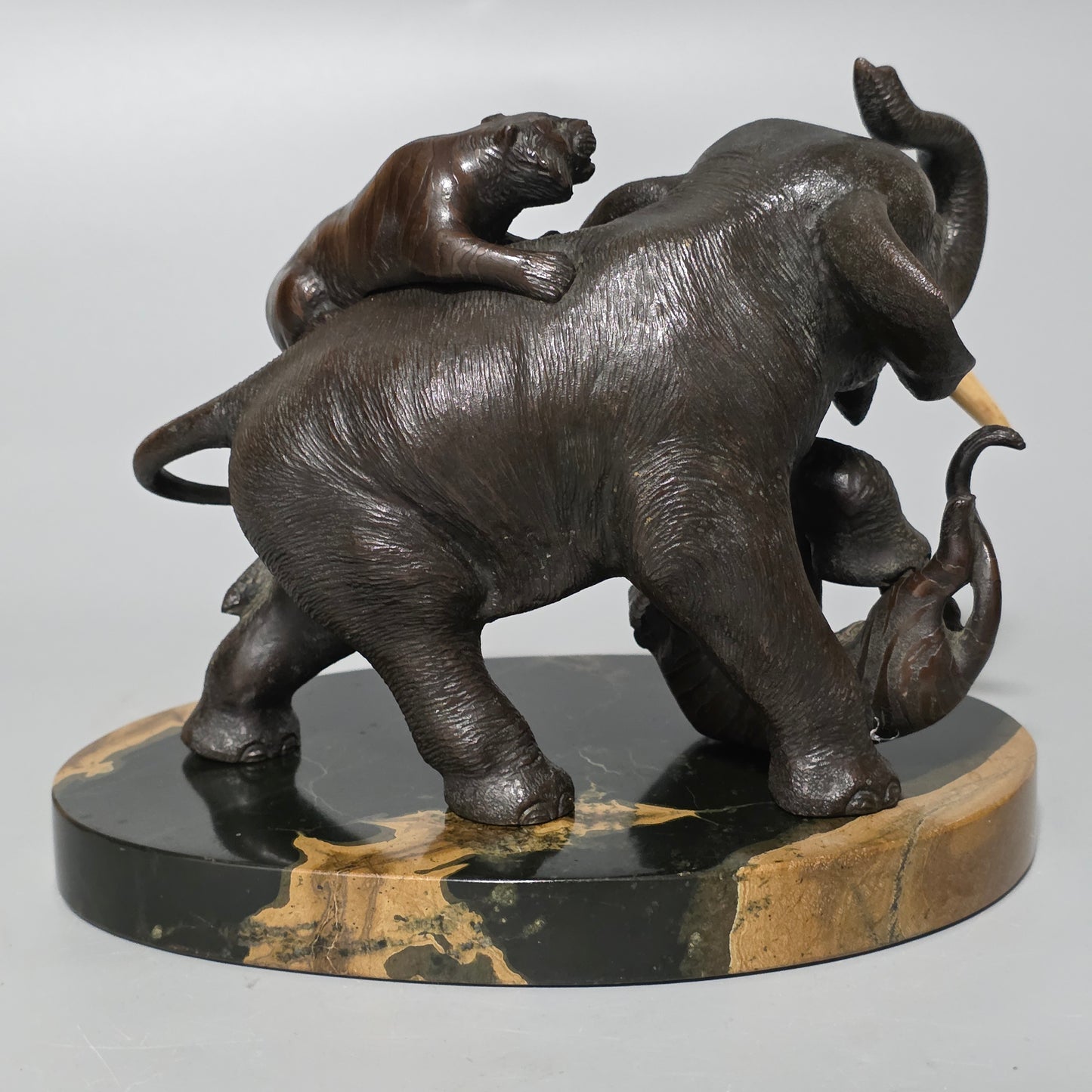 Antique Japanese Bronze Okimono Elephant Fighting Two Tigers, Bone Tusks, Genryusai Seiya Sasku Meiji Showa