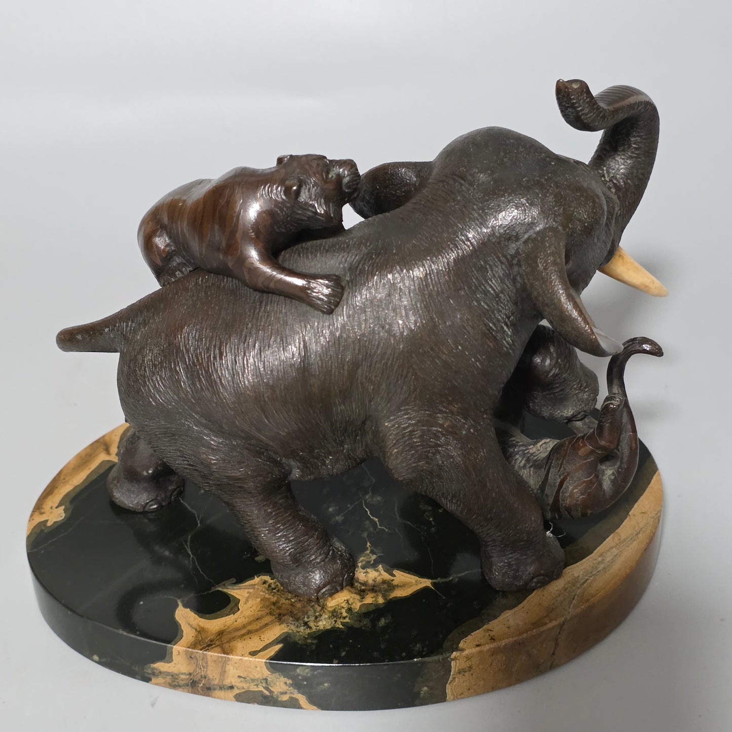 Antique Japanese Bronze Okimono Elephant Fighting Two Tigers, Bone Tusks, Genryusai Seiya Sasku Meiji Showa