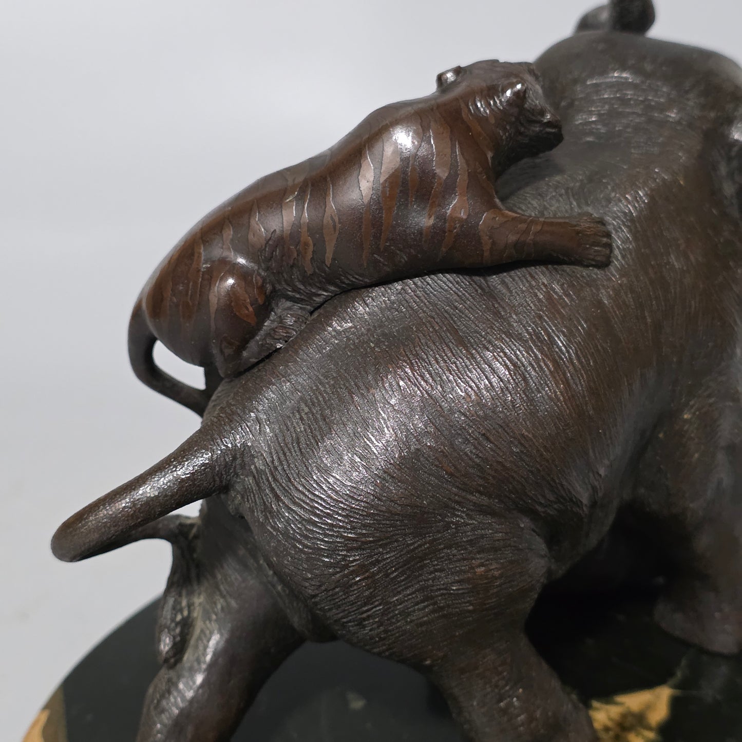 Antique Japanese Bronze Okimono Elephant Fighting Two Tigers, Bone Tusks, Genryusai Seiya Sasku Meiji Showa