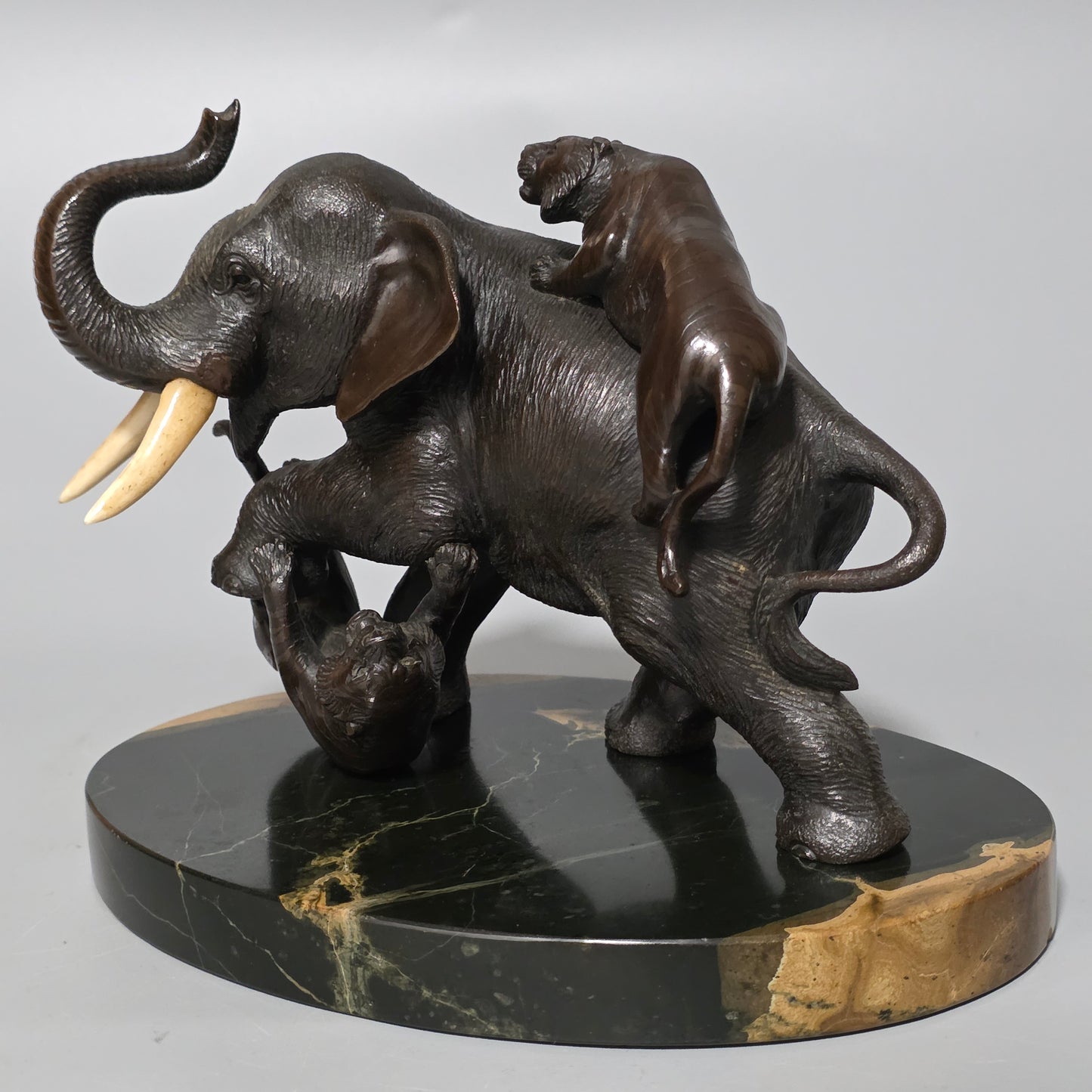 Antique Japanese Bronze Okimono Elephant Fighting Two Tigers, Bone Tusks, Genryusai Seiya Sasku Meiji Showa