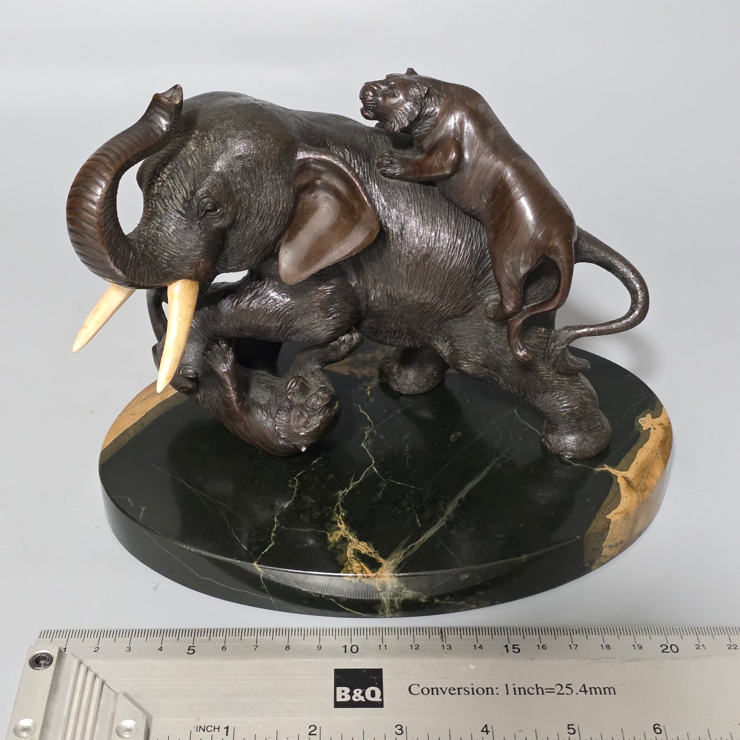 Antique Japanese Bronze Okimono Elephant Fighting Two Tigers, Bone Tusks, Genryusai Seiya Sasku Meiji Showa