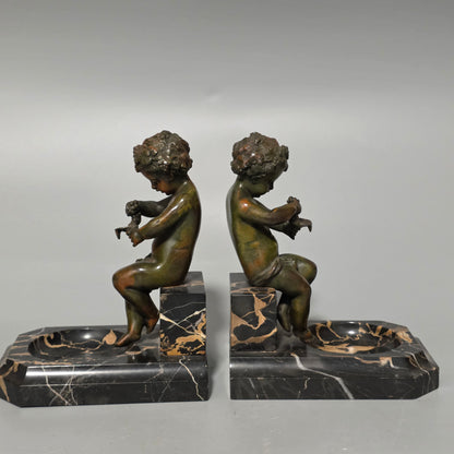 Charming Pair Of Early 20th Century Bronze & Marble Bookends