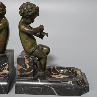Charming Pair Of Early 20th Century Bronze & Marble Bookends