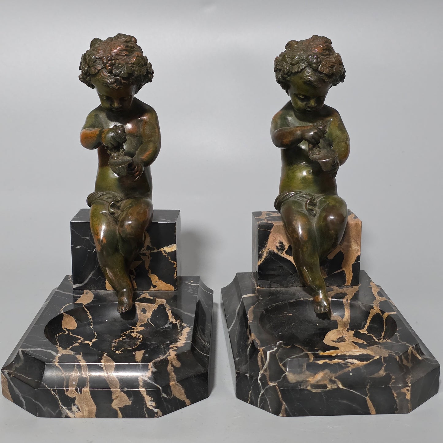 Charming Pair Of Early 20th Century Bronze & Marble Bookends
