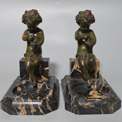 Charming Pair Of Early 20th Century Bronze & Marble Bookends