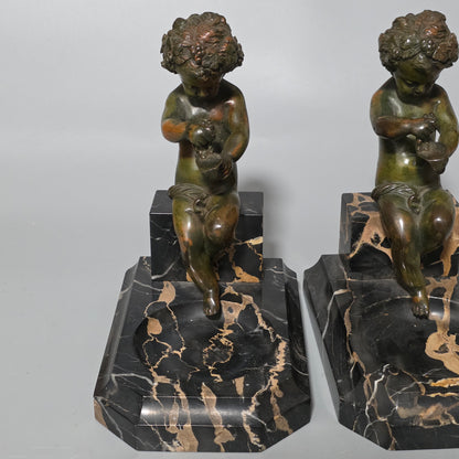 Charming Pair Of Early 20th Century Bronze & Marble Bookends