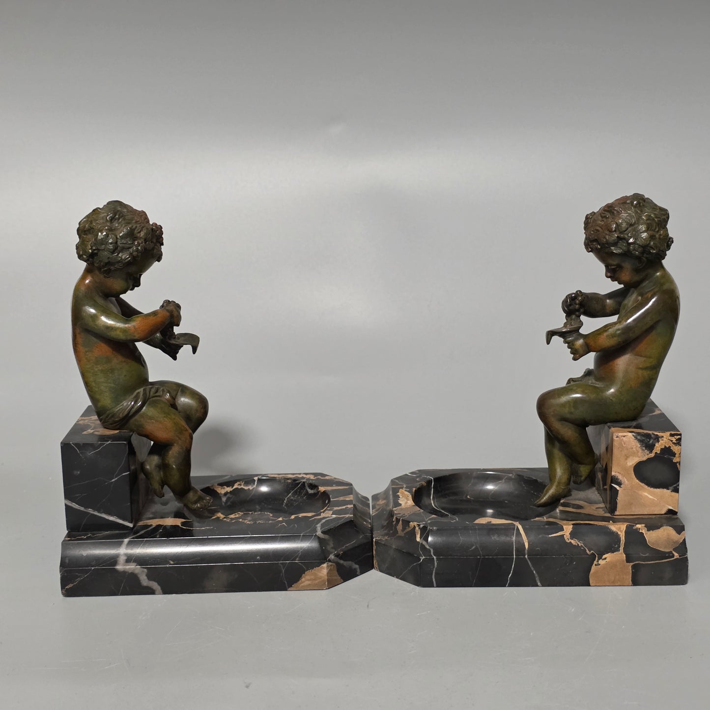 Charming Pair Of Early 20th Century Bronze & Marble Bookends