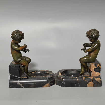 Charming Pair Of Early 20th Century Bronze & Marble Bookends