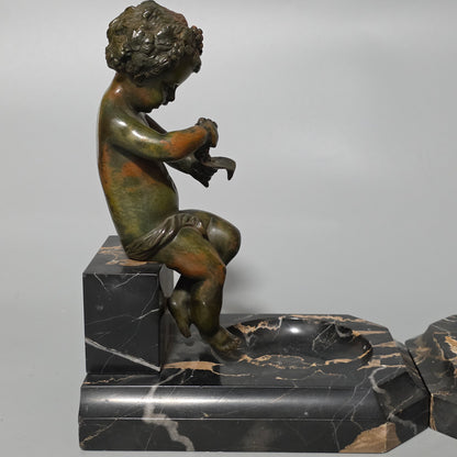 Charming Pair Of Early 20th Century Bronze & Marble Bookends