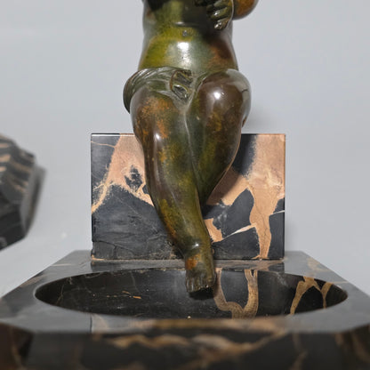 Charming Pair Of Early 20th Century Bronze & Marble Bookends
