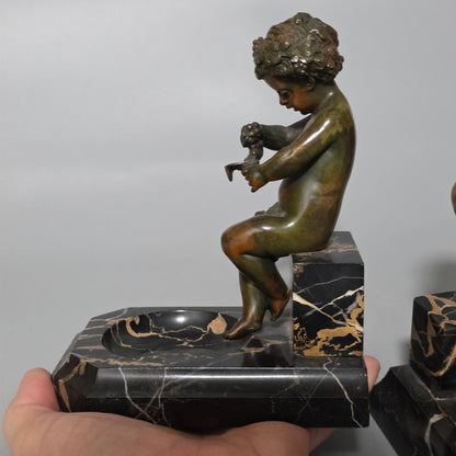 Charming Pair Of Early 20th Century Bronze & Marble Bookends