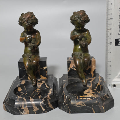 Charming Pair Of Early 20th Century Bronze & Marble Bookends