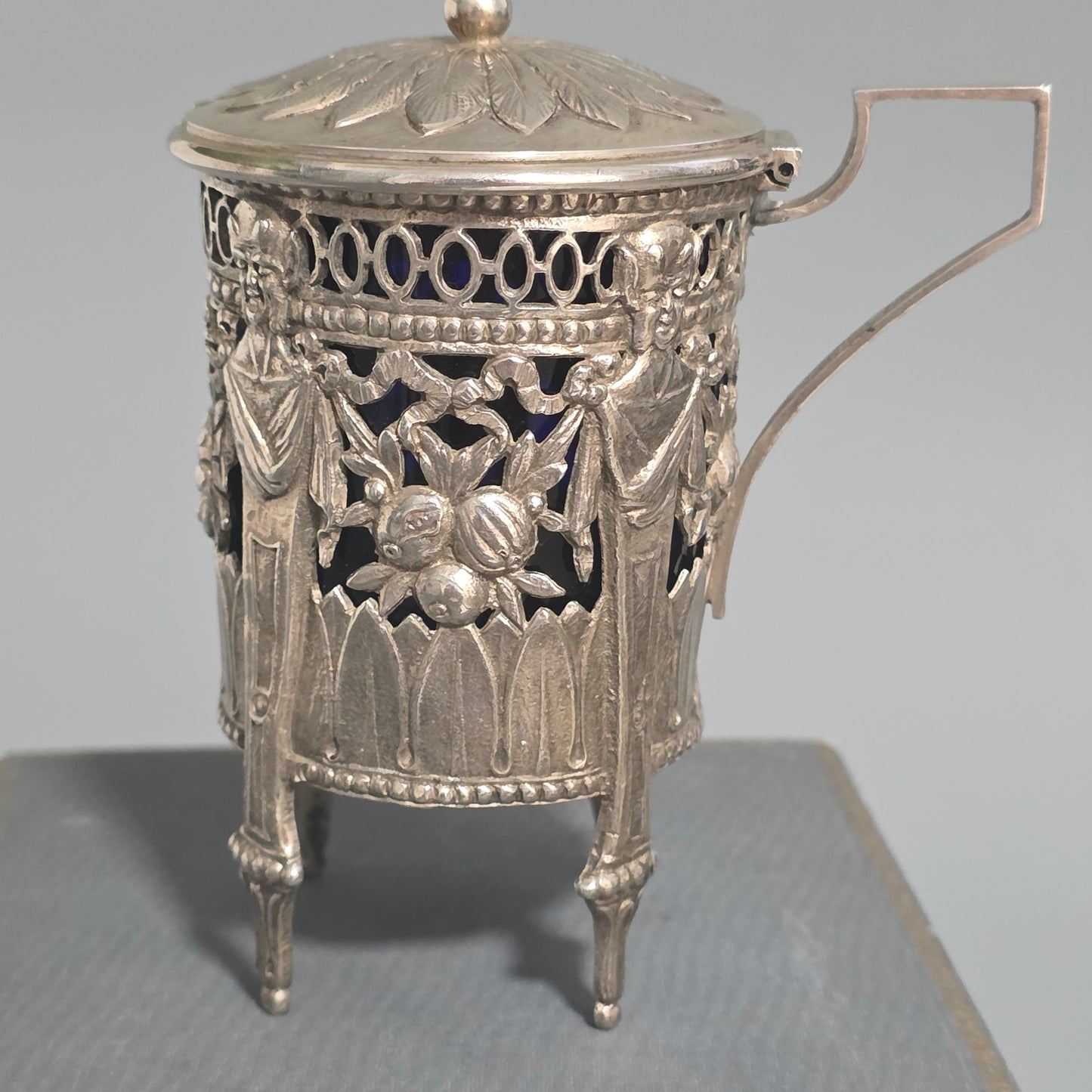 Antique Silver Devil Mustard Pot Figural Legs Blue Glass Liner 19thc Novelty Silver