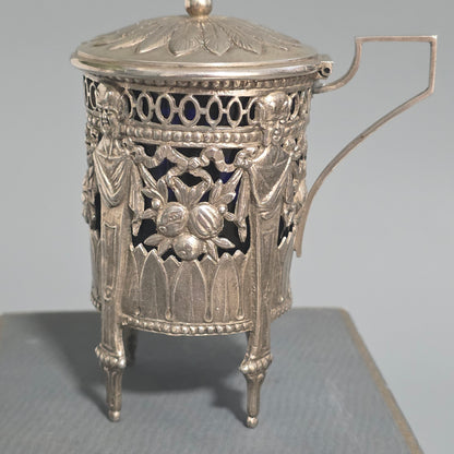 Antique Silver Devil Mustard Pot Figural Legs Blue Glass Liner 19thc Novelty Silver