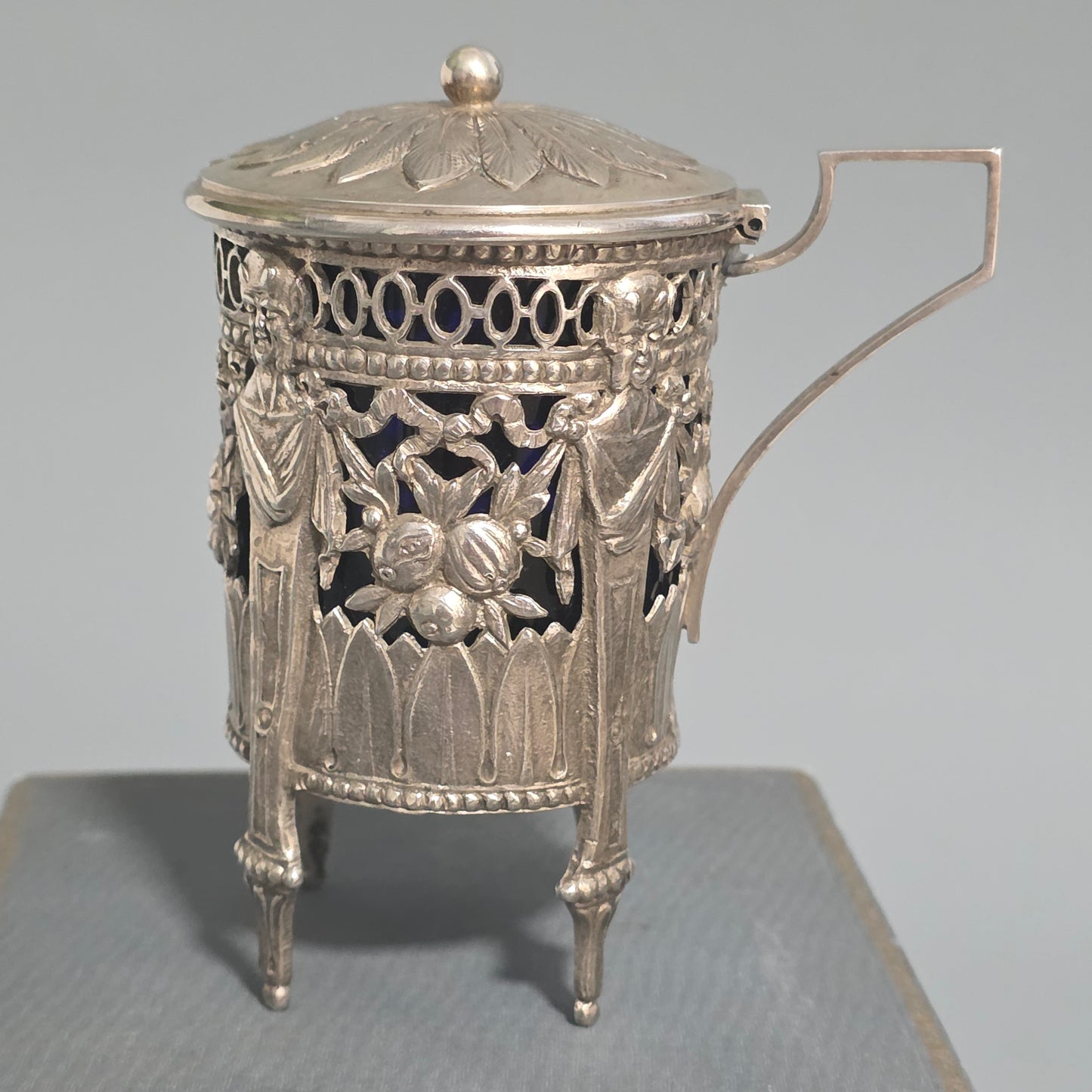 Antique Silver Devil Mustard Pot Figural Legs Blue Glass Liner 19thc Novelty Silver