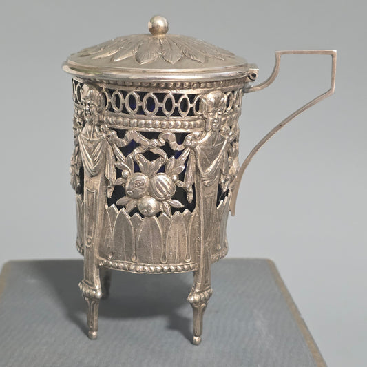 Antique Silver Devil Mustard Pot Figural Legs Blue Glass Liner 19thc Novelty Silver