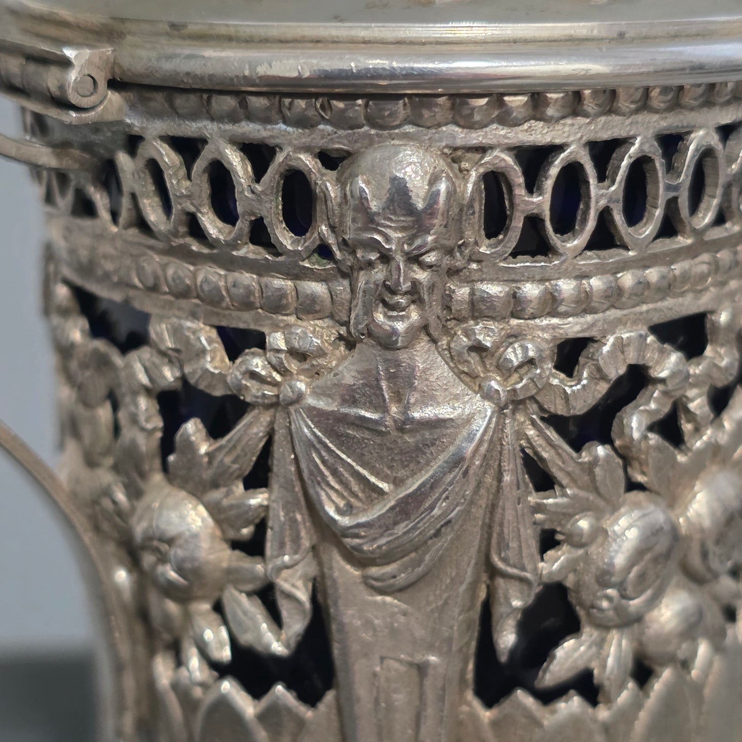 Antique Silver Devil Mustard Pot Figural Legs Blue Glass Liner 19thc Novelty Silver