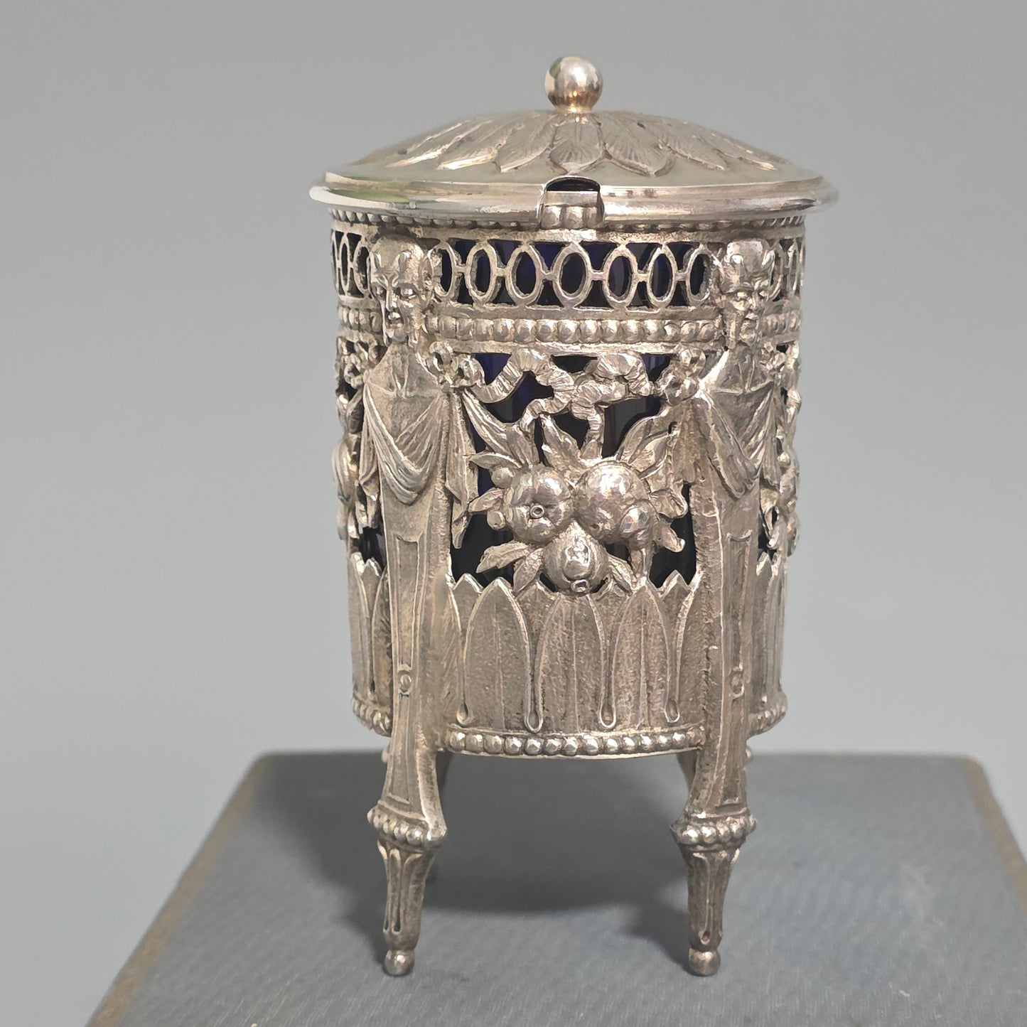 Antique Silver Devil Mustard Pot Figural Legs Blue Glass Liner 19thc Novelty Silver