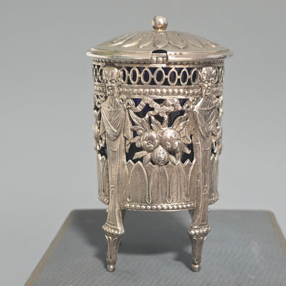Antique Silver Devil Mustard Pot Figural Legs Blue Glass Liner 19thc Novelty Silver