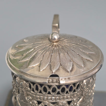 Antique Silver Devil Mustard Pot Figural Legs Blue Glass Liner 19thc Novelty Silver