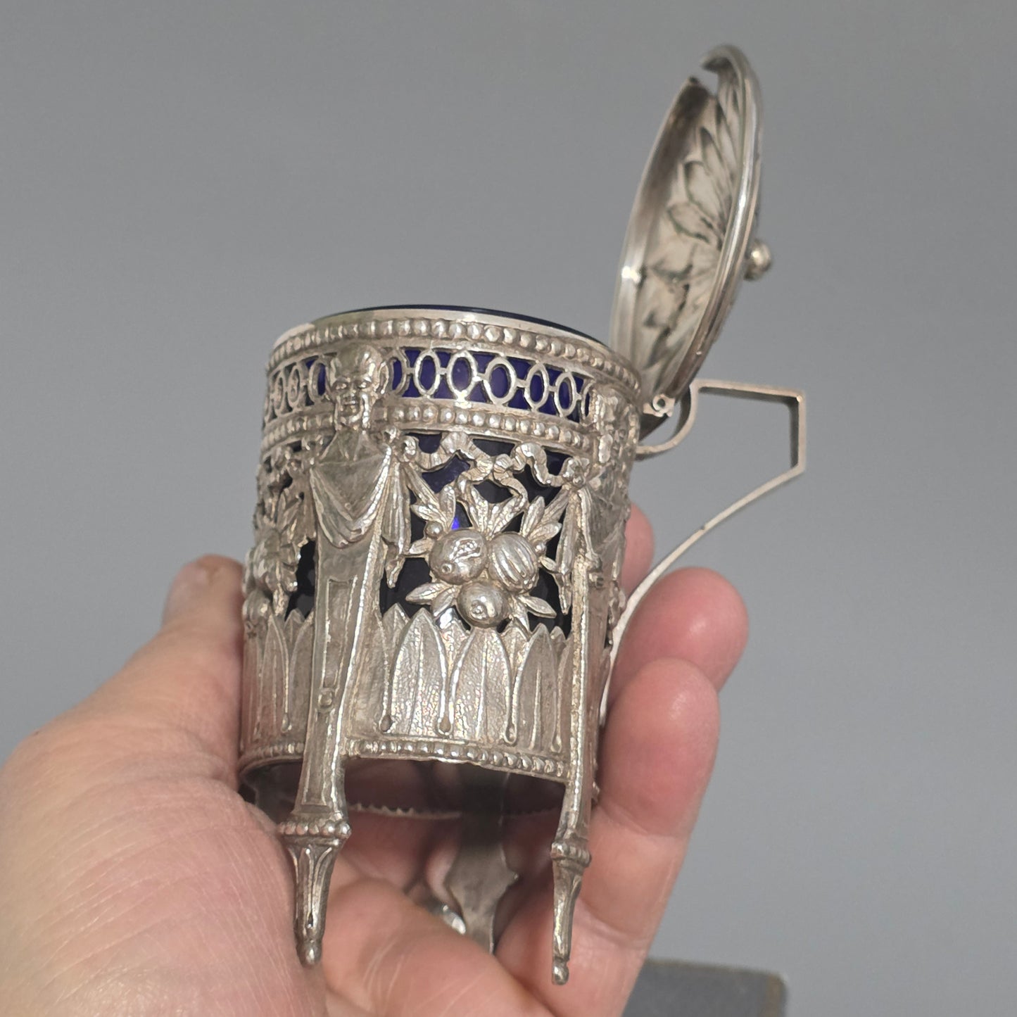 Antique Silver Devil Mustard Pot Figural Legs Blue Glass Liner 19thc Novelty Silver