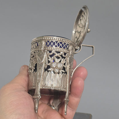 Antique Silver Devil Mustard Pot Figural Legs Blue Glass Liner 19thc Novelty Silver
