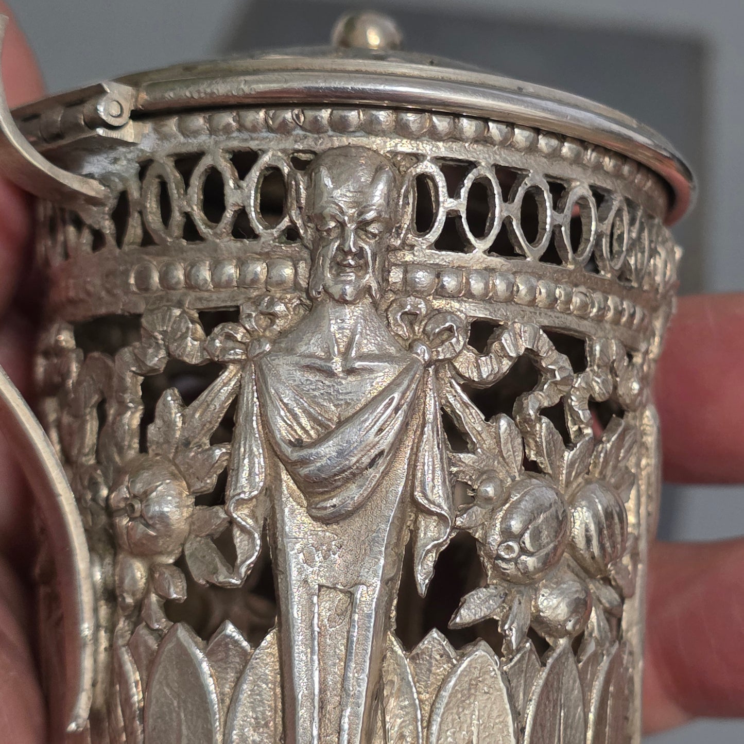 Antique Silver Devil Mustard Pot Figural Legs Blue Glass Liner 19thc Novelty Silver
