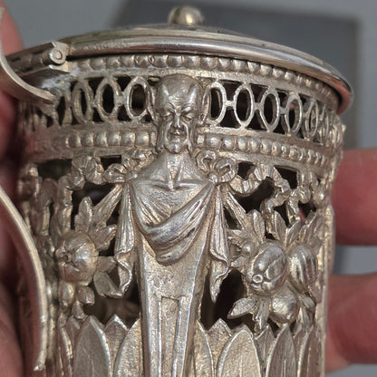 Antique Silver Devil Mustard Pot Figural Legs Blue Glass Liner 19thc Novelty Silver