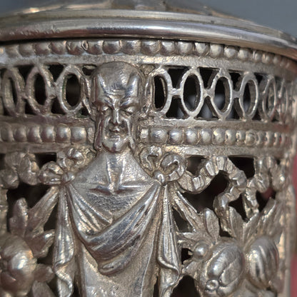 Antique Silver Devil Mustard Pot Figural Legs Blue Glass Liner 19thc Novelty Silver