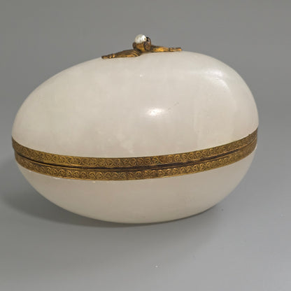 Large Antique Alabaster Egg Jewellery Box C1900 Hinged Trinket Box Hand & Pearl Decoration
