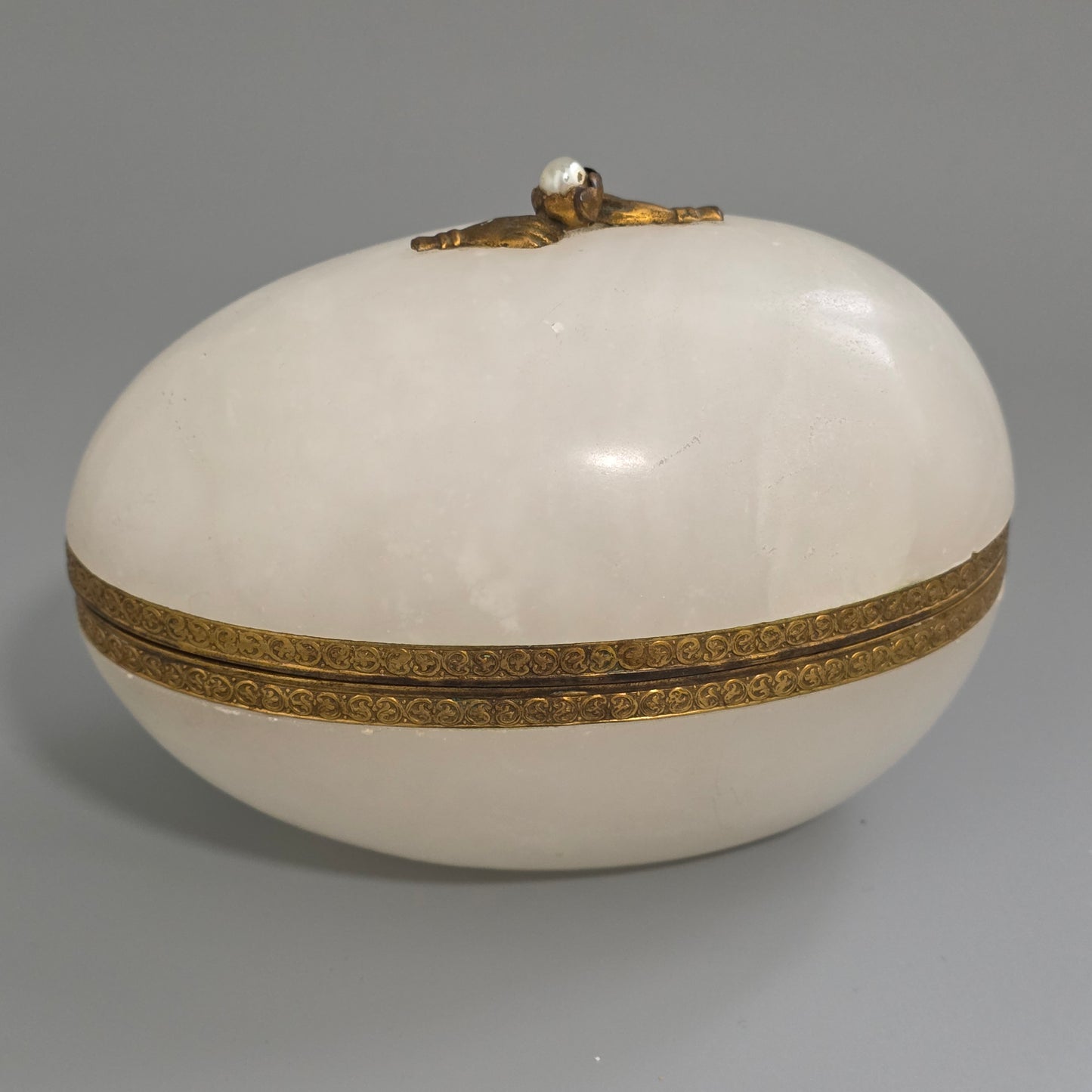 Large Antique Alabaster Egg Jewellery Box C1900 Hinged Trinket Box Hand & Pearl Decoration