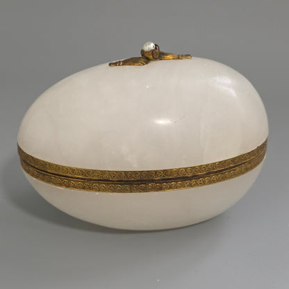 Large Antique Alabaster Egg Jewellery Box C1900 Hinged Trinket Box Hand & Pearl Decoration