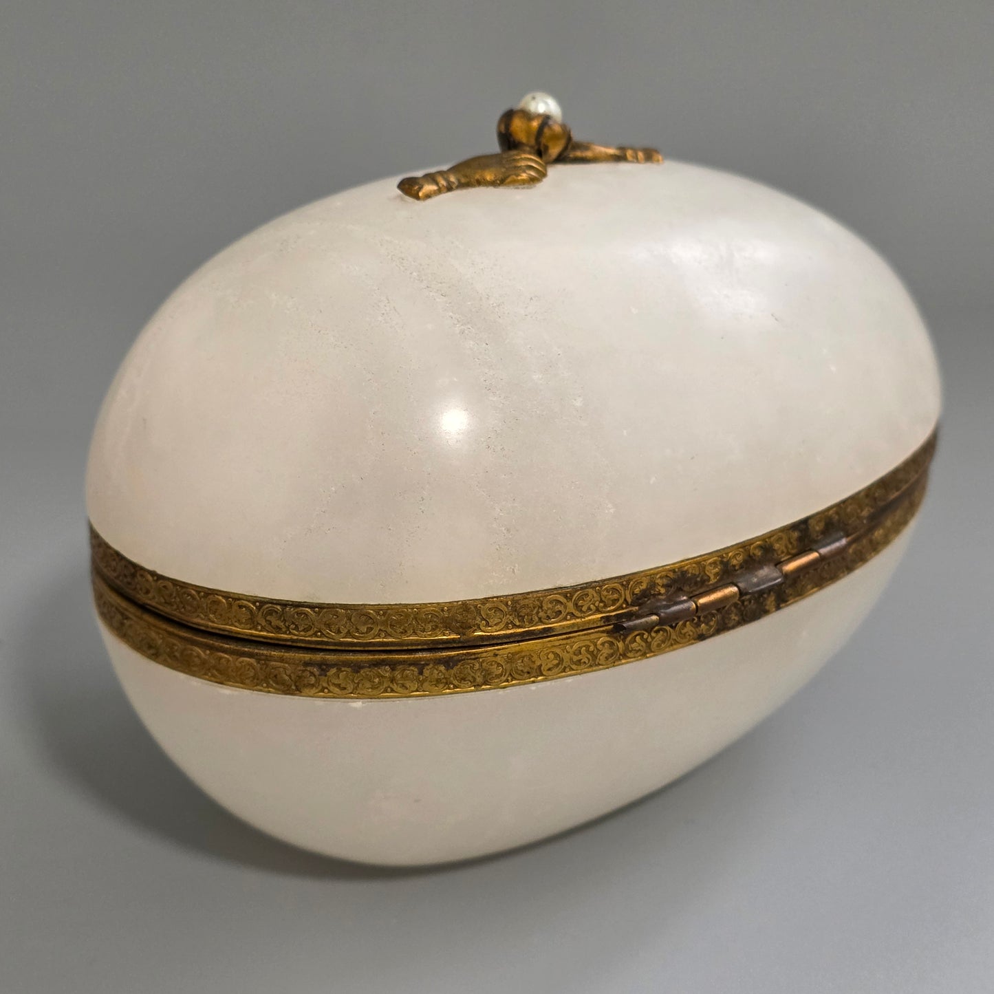 Large Antique Alabaster Egg Jewellery Box C1900 Hinged Trinket Box Hand & Pearl Decoration