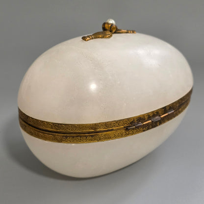 Large Antique Alabaster Egg Jewellery Box C1900 Hinged Trinket Box Hand & Pearl Decoration