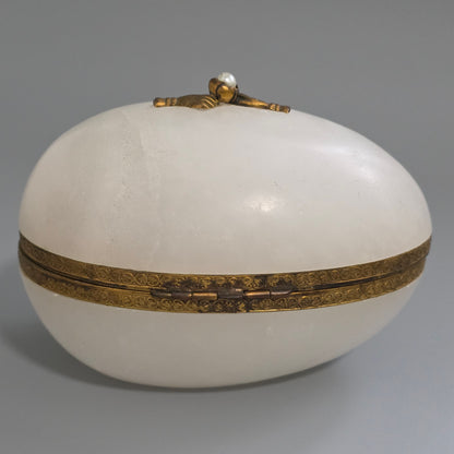 Large Antique Alabaster Egg Jewellery Box C1900 Hinged Trinket Box Hand & Pearl Decoration