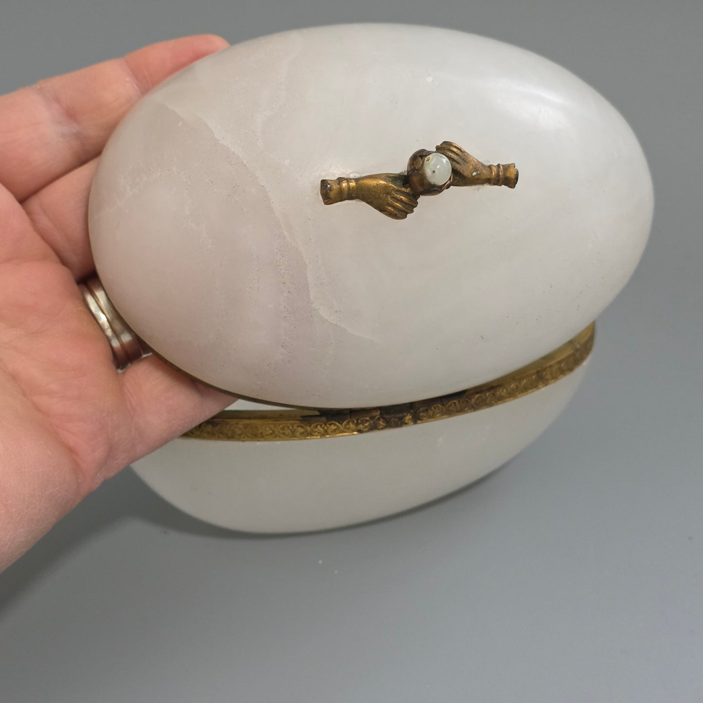 Large Antique Alabaster Egg Jewellery Box C1900 Hinged Trinket Box Hand & Pearl Decoration