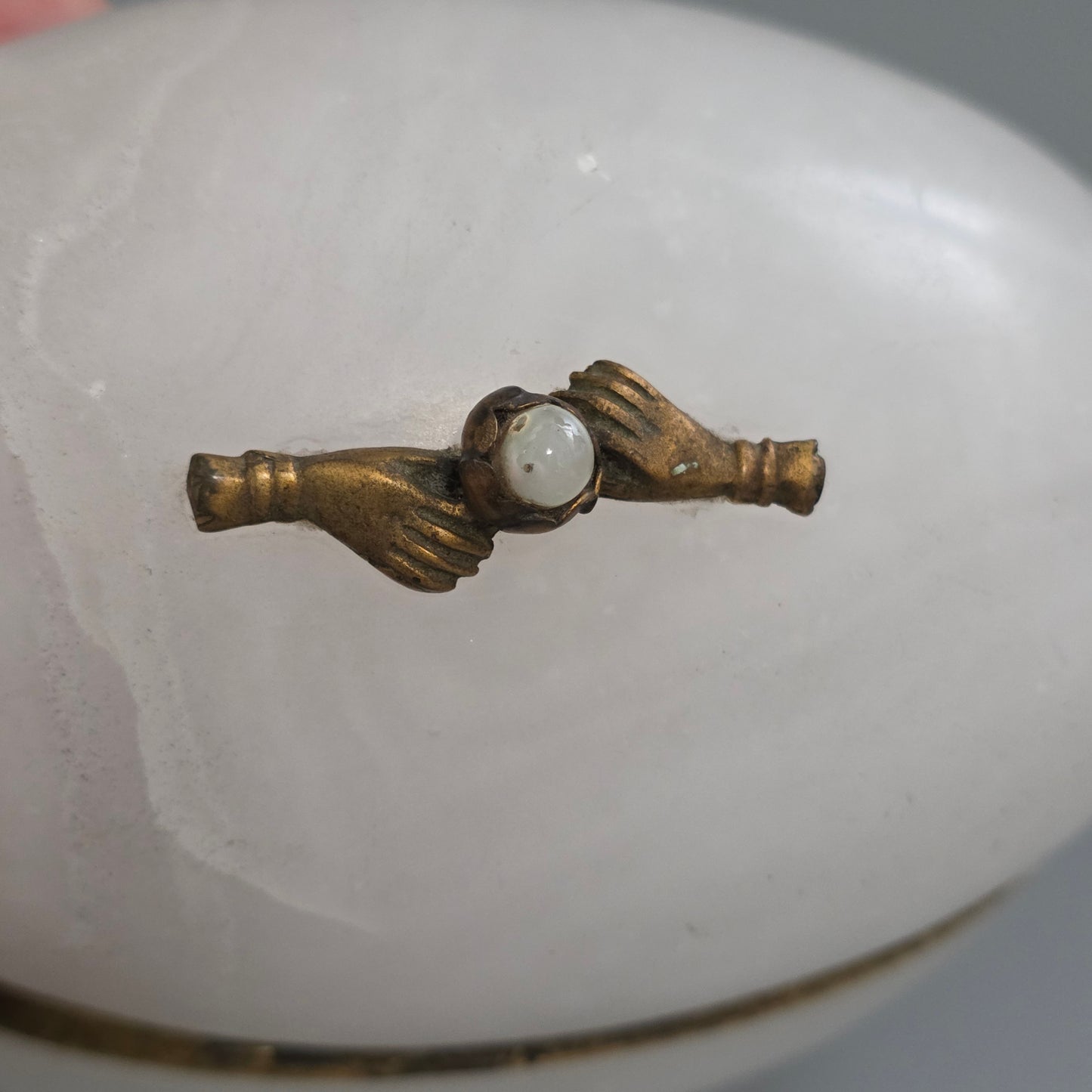 Large Antique Alabaster Egg Jewellery Box C1900 Hinged Trinket Box Hand & Pearl Decoration