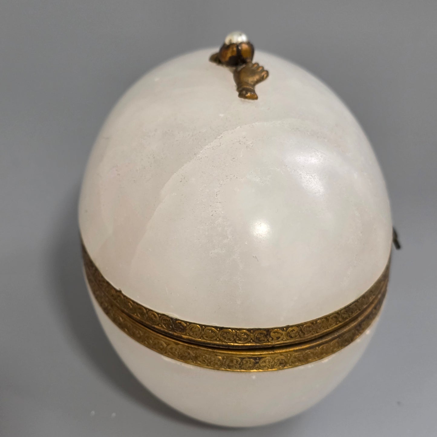 Large Antique Alabaster Egg Jewellery Box C1900 Hinged Trinket Box Hand & Pearl Decoration