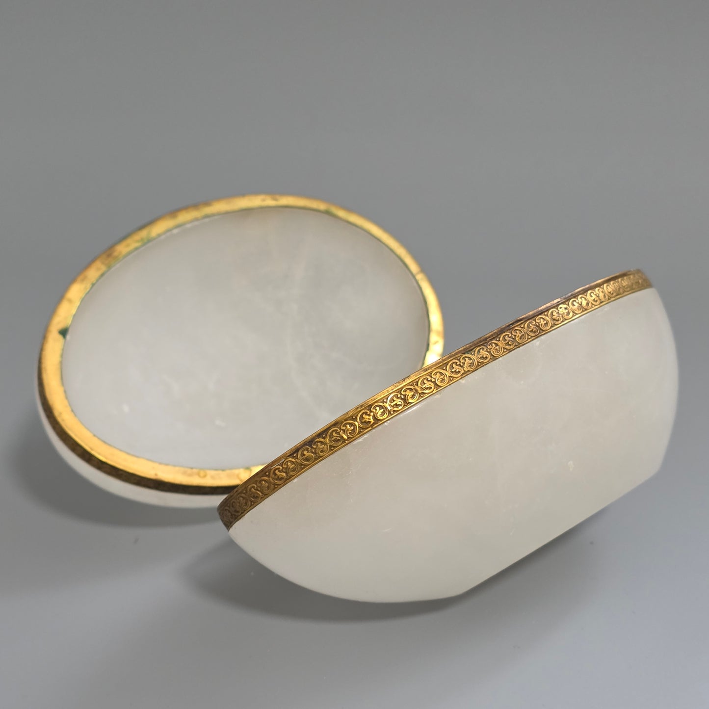Large Antique Alabaster Egg Jewellery Box C1900 Hinged Trinket Box Hand & Pearl Decoration