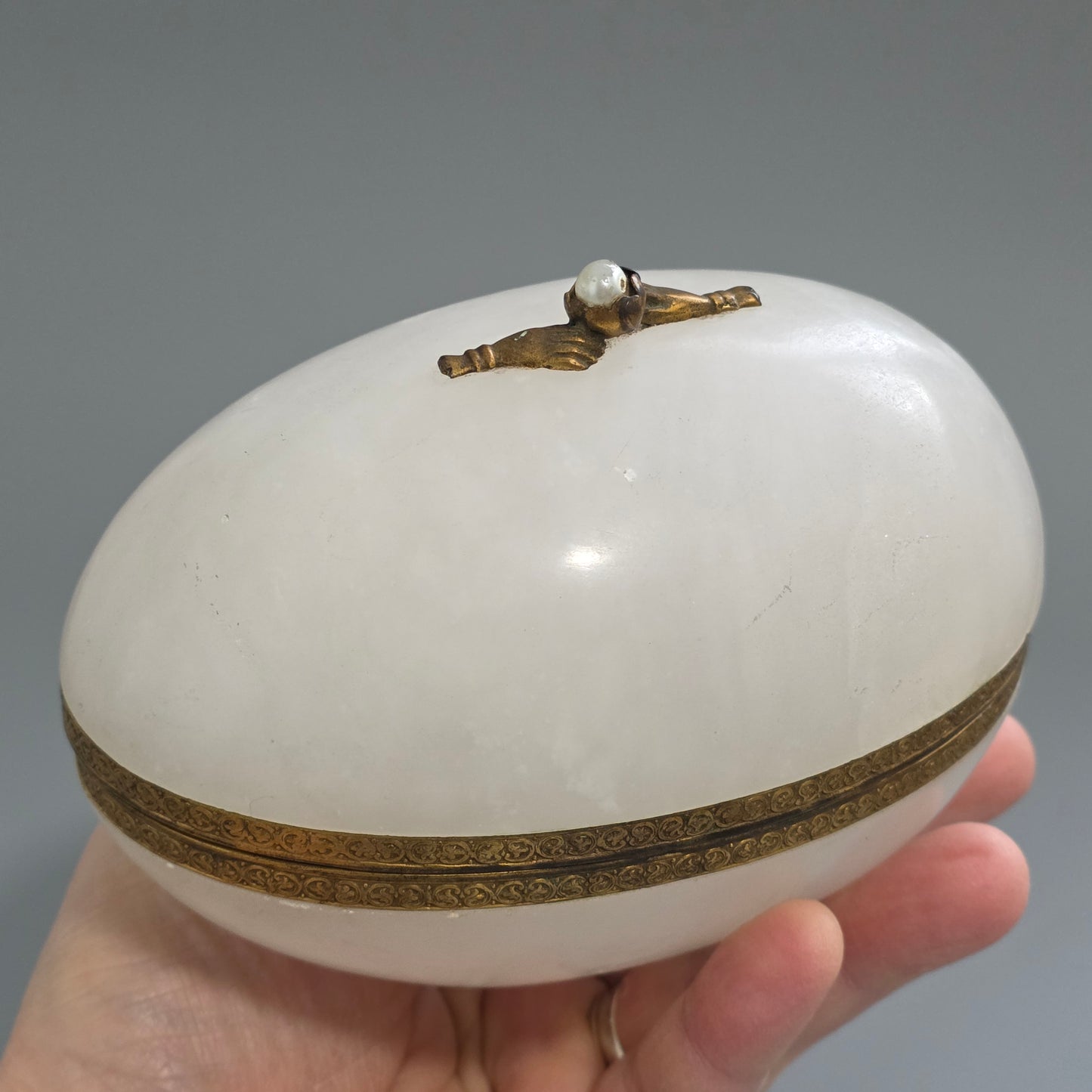 Large Antique Alabaster Egg Jewellery Box C1900 Hinged Trinket Box Hand & Pearl Decoration