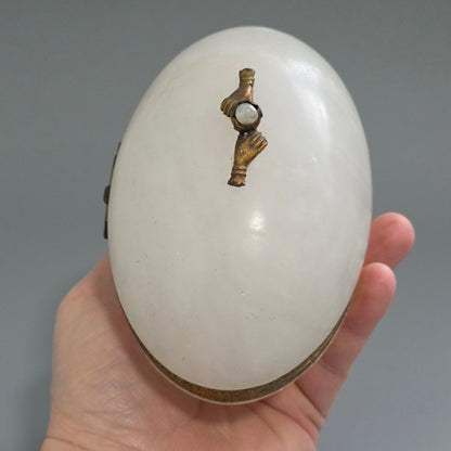 Large Antique Alabaster Egg Jewellery Box C1900 Hinged Trinket Box Hand & Pearl Decoration