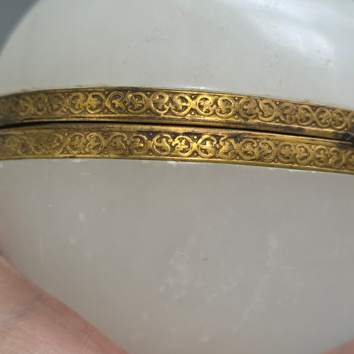 Large Antique Alabaster Egg Jewellery Box C1900 Hinged Trinket Box Hand & Pearl Decoration