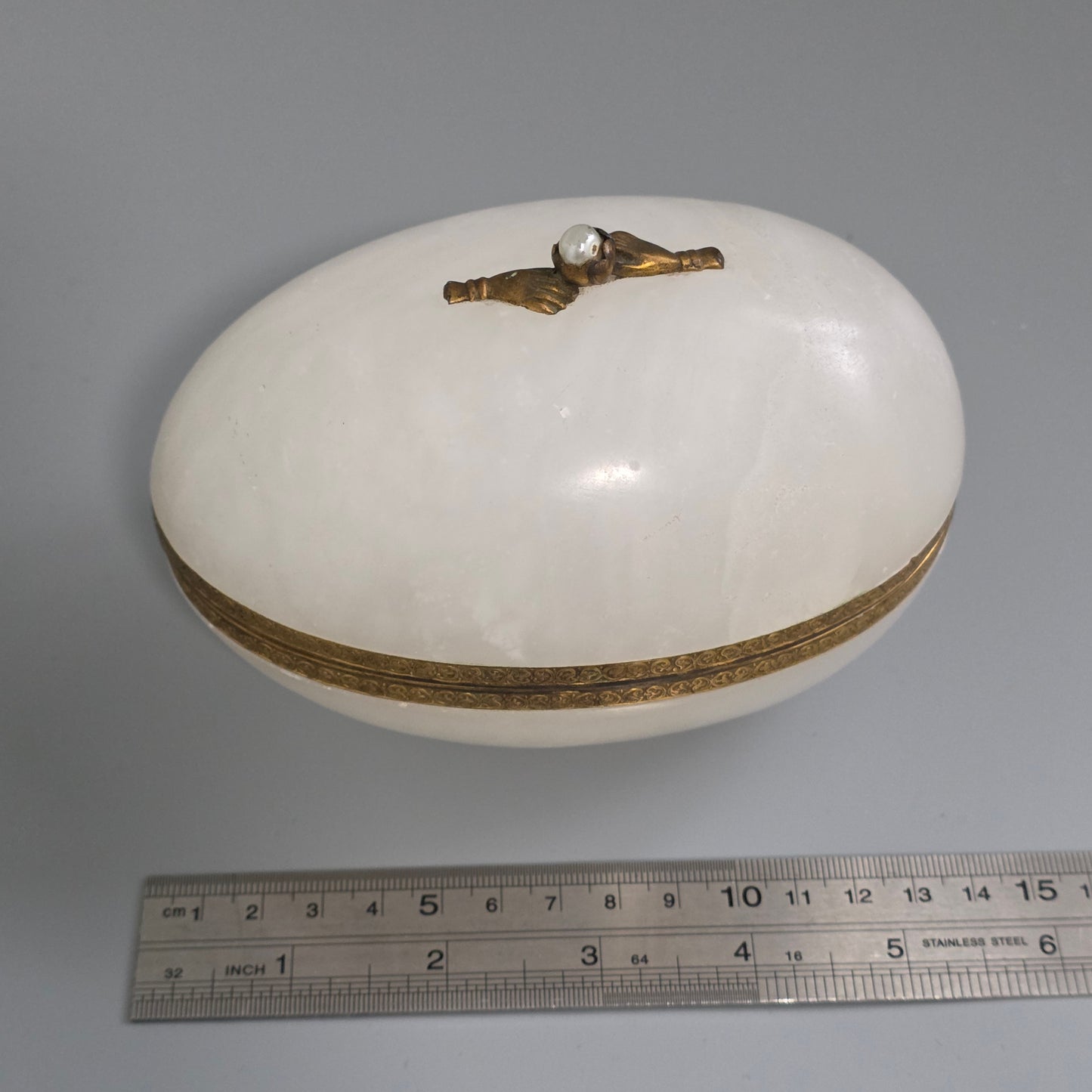 Large Antique Alabaster Egg Jewellery Box C1900 Hinged Trinket Box Hand & Pearl Decoration