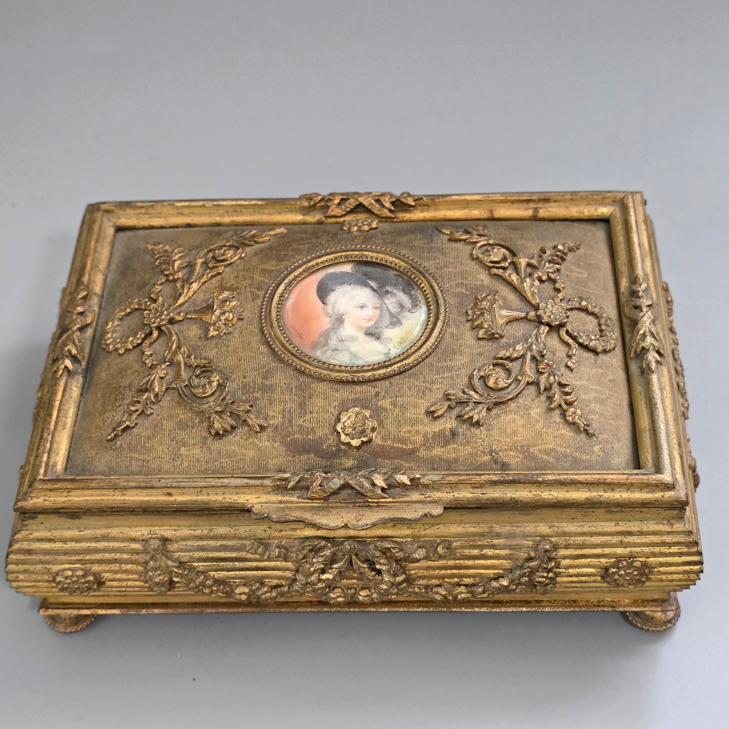 Antique French Gilt Bronze Brass Jewellery Casket Miniature Portrait Box 19thc