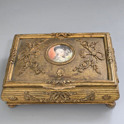 Antique French Gilt Bronze Brass Jewellery Casket Miniature Portrait Box 19thc