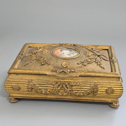 Antique French Gilt Bronze Brass Jewellery Casket Miniature Portrait Box 19thc