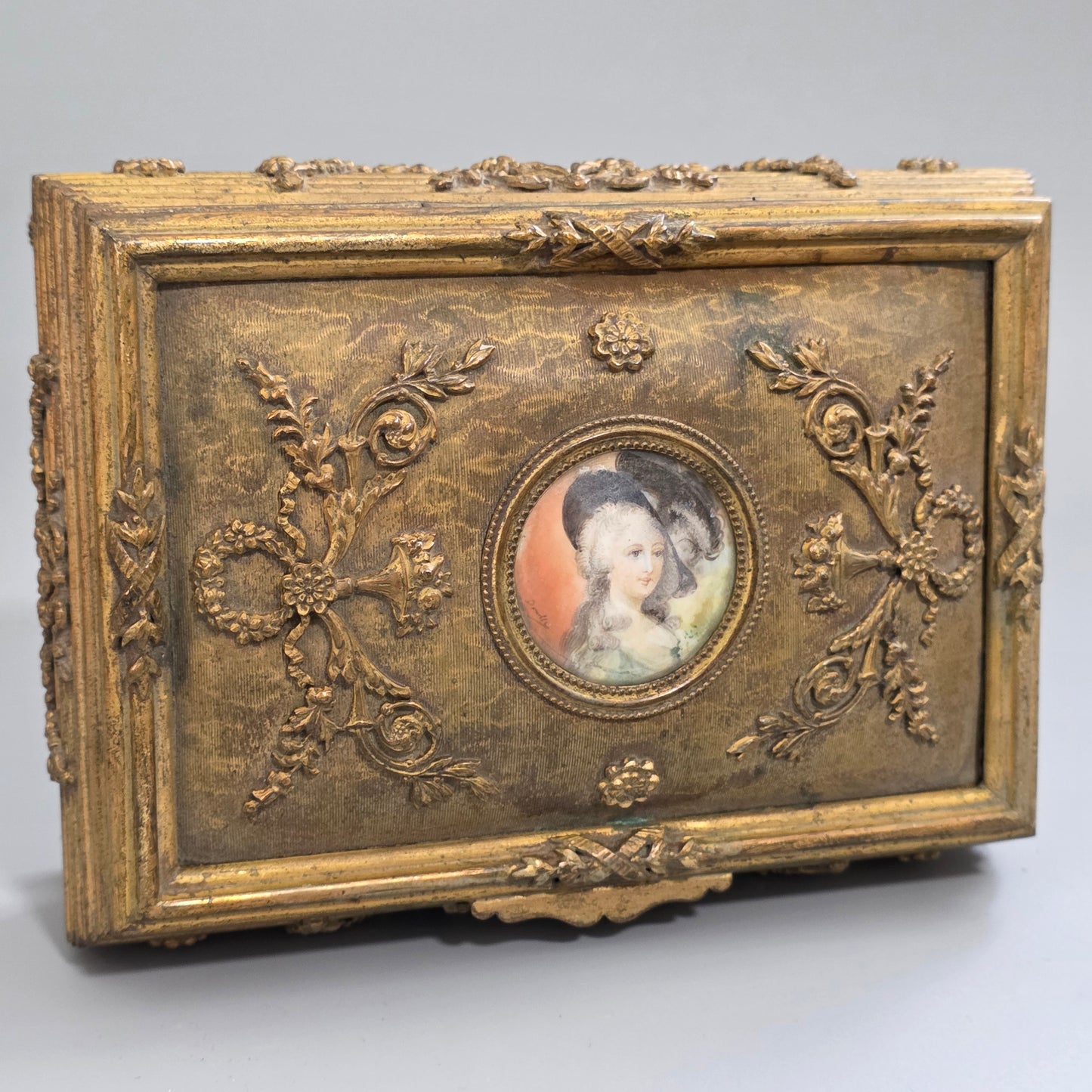 Antique French Gilt Bronze Brass Jewellery Casket Miniature Portrait Box 19thc