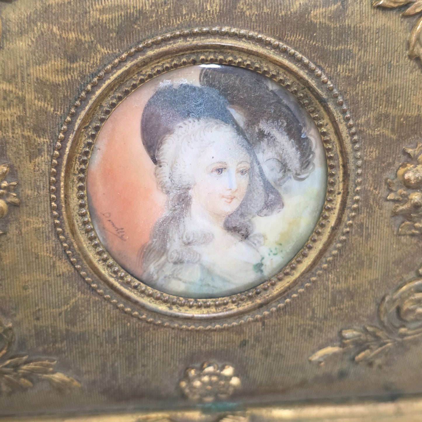 Antique French Gilt Bronze Brass Jewellery Casket Miniature Portrait Box 19thc