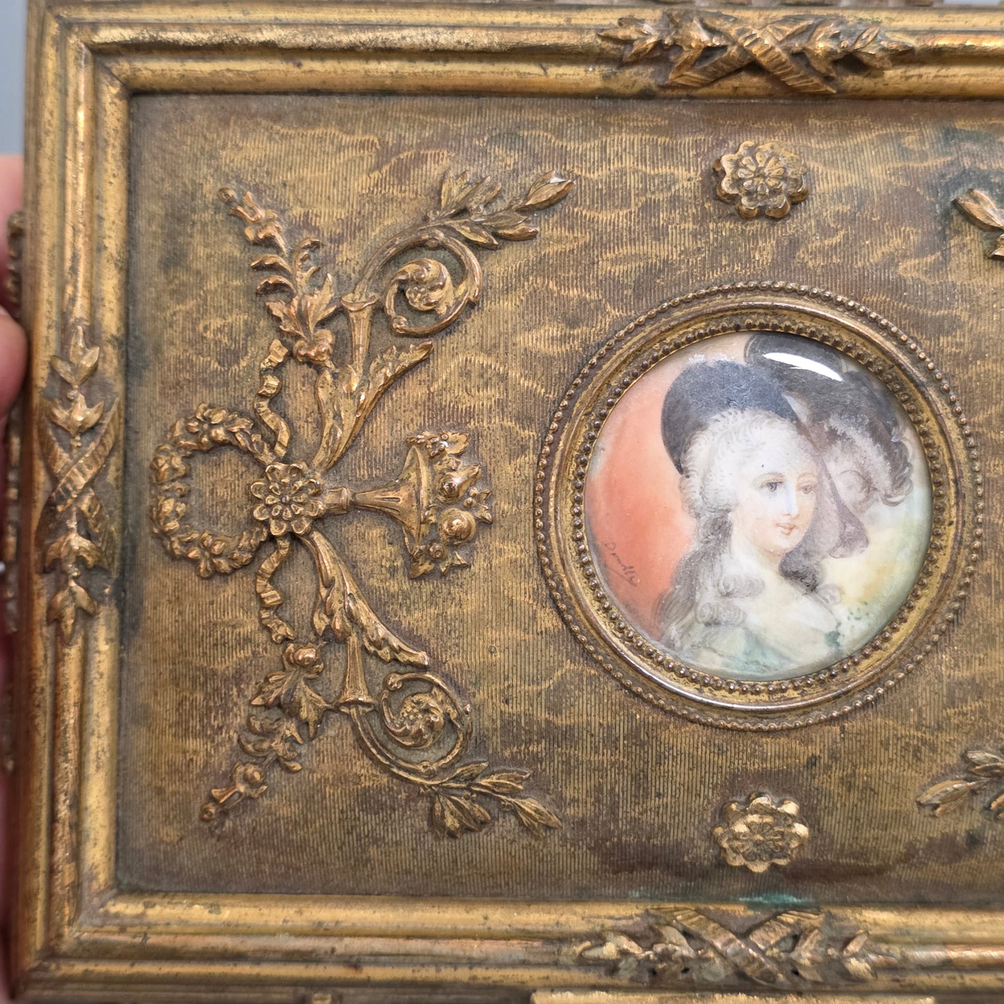 Antique French Gilt Bronze Brass Jewellery Casket Miniature Portrait Box 19thc